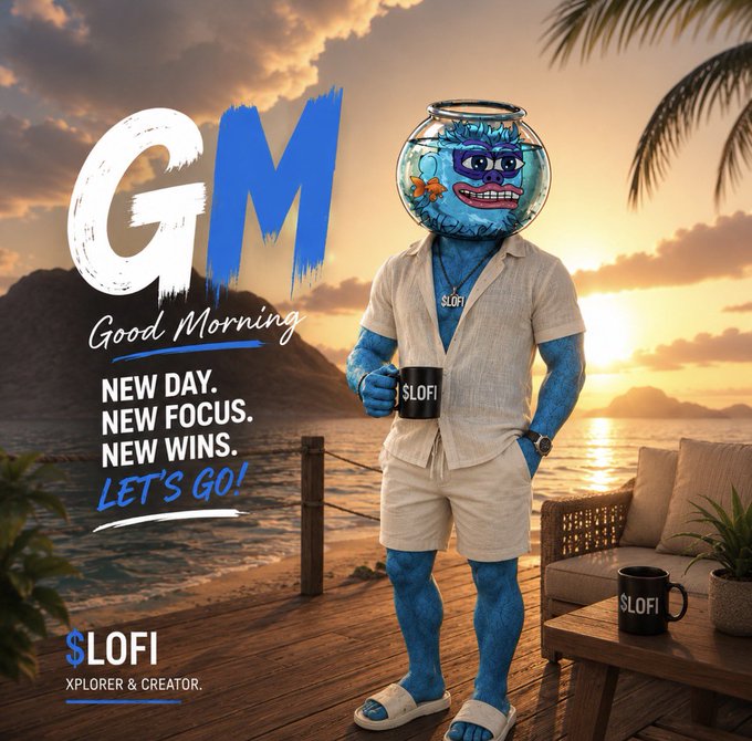 A motivational graphic with 'GM Good Morning' text, featuring an anthropomorphic blue creature with a fishbowl for a head wearing vacation attire, holding a SLOFI coffee mug on a tropical beach deck at sunset, branded '$LOFI XPLORER & CREATOR.'