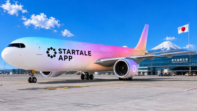 The image shows a large "STARTALE APP" branded aircraft on the tarmac at Tokyo International Airport, with Mount Fuji and a Japanese flag visible in the background—symbolizing the welcome of Startale App to Japan and the growing presence of the Soneium ecosystem.