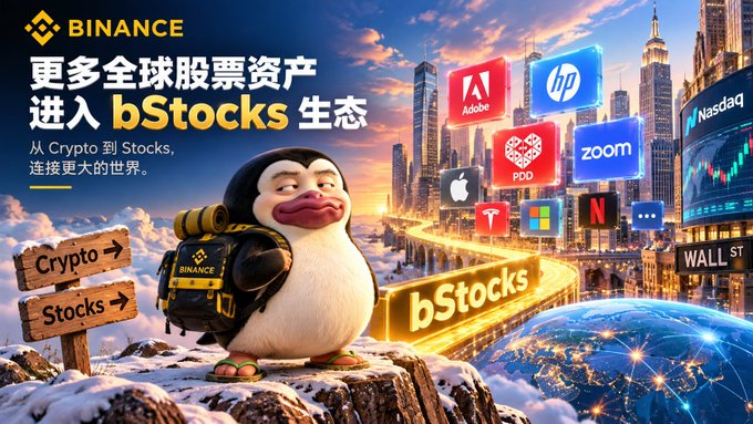 A Binance promotional graphic featuring its penguin mascot with a backpack, alongside Chinese text '更多全球股票资产 进入 bStocks 生态' and logos for Adobe, HP, PDD, Apple, Zoom, and Nasdaq.