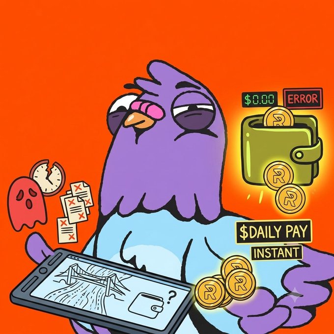 A cartoon illustration of a purple character holding a broken tablet, surrounded by imagery symbolizing frustration with money, including a broken clock, a $0.00 ERROR wallet, and 'DAILY PAY' text.