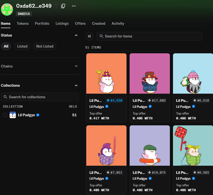 A screenshot of an OpenSea NFT collection page showing 51 items from the 'Lil Pudgys' collection, featuring various penguin character NFTs with prices ranging from 0.406 to 0.417 METH.