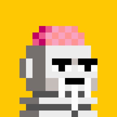 A pixel art skeleton character with a pink mohawk and gray headphones, featuring a slight smirk, set against a bright yellow background.