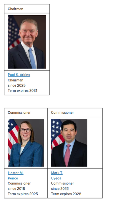 A webpage showing SEC officials: Chairman Paul S. Atkins (since 2025, term expires 2031) and Commissioners Hester M. Peirce (since 2018, term expires 2025) and Mark T. Uyeda (since 2022, term expires 2028).