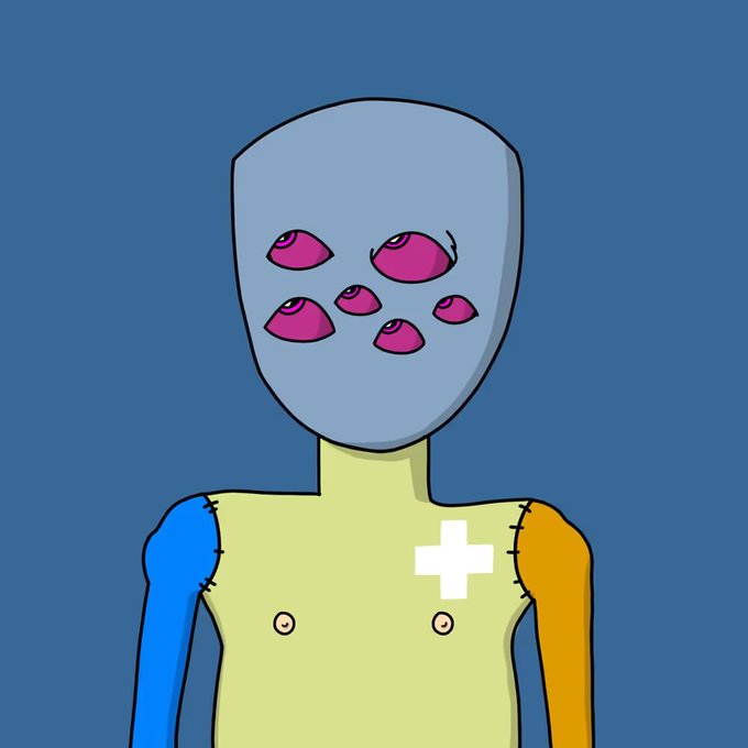 Digital drawing of a humanoid figure with a gray mask featuring six pink eyes, a stitched-together multicolored body, and a white plus symbol on its chest.