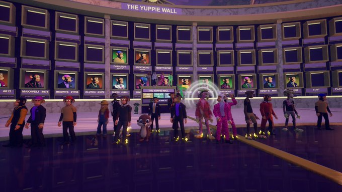 A virtual reality scene from 'THE YUPPiE WALL' showing multiple avatars standing in a circular room lined with screens displaying user profiles and names like 'MACKAVELLI #876' and 'MEDOYYE #2126'.