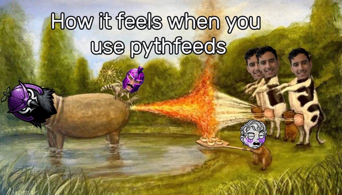 A meme image showing a capybara and cows with meme faces edited on, breathing fire, with text reading 'How it feels when you use pythfeeds' over a classical painting-style background.