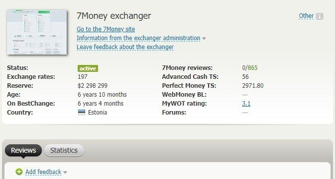 BestChange listing page for '7Money exchanger' showing it as active based in Estonia, with 197 exchange rates, reserve of $2,298,299, and a MyWOT score of 3.1.