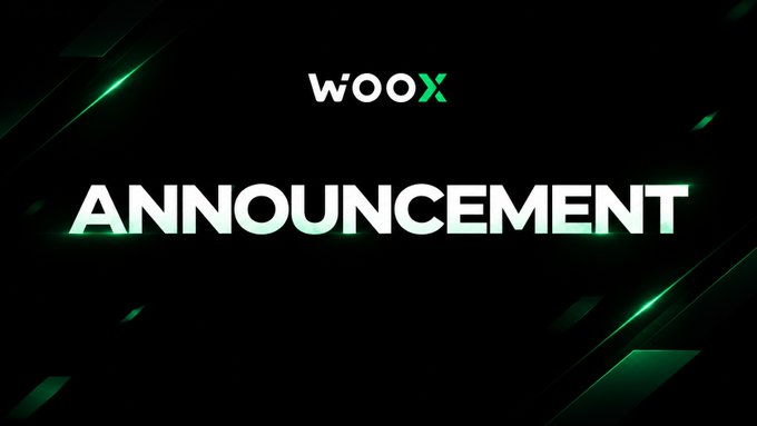 The image is a black announcement banner featuring the "WOOX" logo in white and green at the top center, with the word "ANNOUNCEMENT" displayed prominently in large white capital letters below it, accented by glowing green geometric light effects in the corners. This official-looking banner serves as a header for the accompanying post, which provides step-by-step instructions from WOOX for users experiencing withdrawal issues due to KYC verification problems, outlining actions like re-verifying documents and completing KYC Level 2 to resolve the pause.