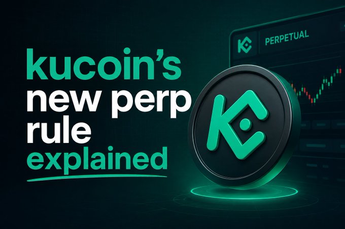 A promotional graphic with text 'kucoin's new perp rule explained' in teal and white, showing the KuCoin logo (K) in a circular emblem and a trading chart labeled 'PERPETUAL' in the background.