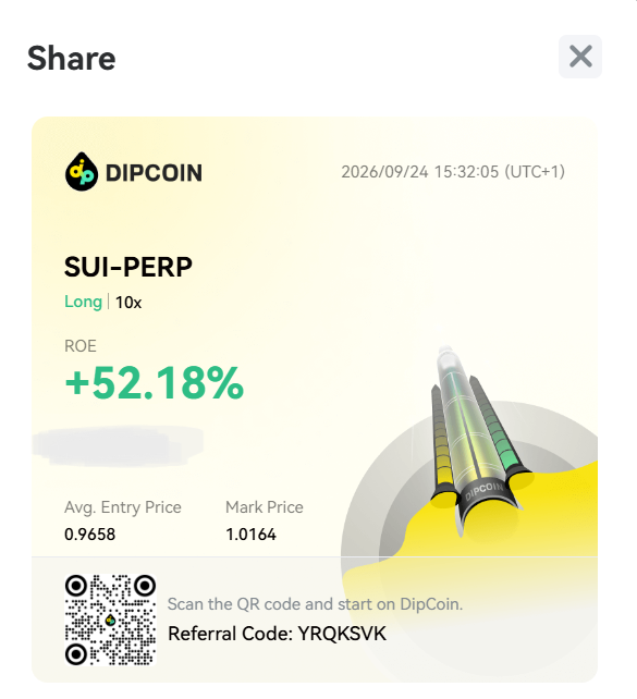 A DipCoin trading share card showing a SUI-PERP Long 10x position with a +52.18% ROE, an average entry price of 0.9658, mark price of 1.0164, dated 2026/09/24, with referral code YRQKSVK.