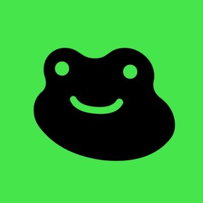 A black silhouette of a smiling frog face on a bright green background.
