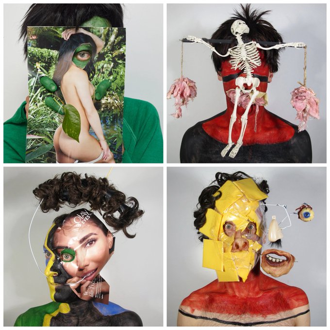 A four-panel artistic collage shows surreal portraits with distorted face elements, including leaves covering a figure, a skeleton on a red body, a face split with colorful paint, and yellow tape obscuring features.