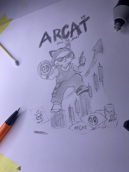 A pencil sketch on white paper shows a character named 'ARCAT' wearing sunglasses and a cap, standing on bar chart pillars with the tagline 'DRAW THE FOREX', accompanied by drawing tools like a cotton swab, marker, and pen.