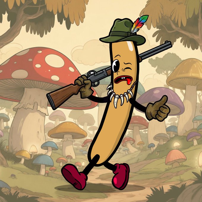 A cartoonish, anthropomorphic banana character wearing a green hat with a feather, red boots, and a tooth necklace winks and gives a thumbs-up while slinging a shotgun over its shoulder, set against a whimsical forest filled with giant colorful mushrooms. The image ties to the post by symbolizing the "BigD" crypto project breaking out of stealth mode with bold, energetic momentum—matching the rugged, hype-driven vibe of rapidly gaining followers, community giveaways, and meme contests.
