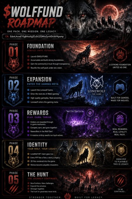 A '$WOLFFUND ROADMAP' promotional graphic detailing five phases (Foundation, Expansion, Rewards, Identity, The Hunt) with a wolf theme, featuring a Solana contract address and wolf imagery.