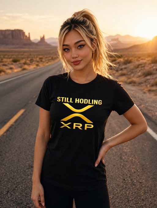 A woman with blonde hair stands on a desert highway at sunset, wearing a black t-shirt with yellow text that reads 'STILL HODLING' alongside the XRP logo.