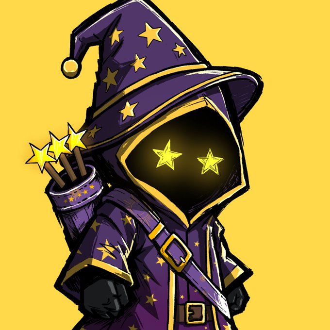 A cartoon wizard character in a purple robe and star-patterned pointed hat, with glowing star-shaped eyes and a quiver of star-tipped magic wands on its back, set against a yellow background.