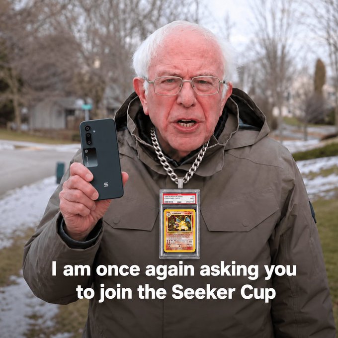 An older man resembling Bernie Sanders holding up a smartphone and wearing a Pokémon card lanyard, with the caption 'I am once again asking you to join the Seeker Cup'.