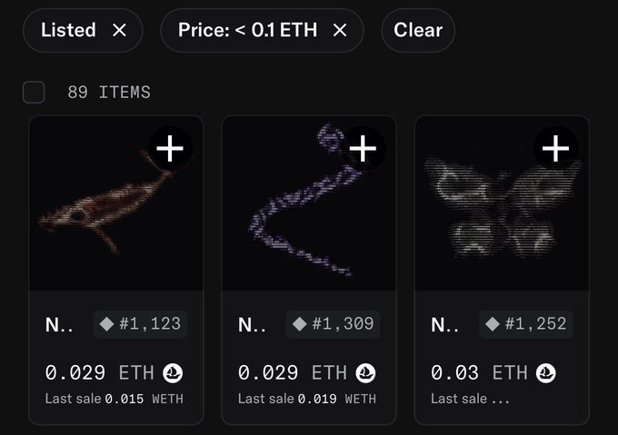 A dark-themed NFT marketplace interface showing 89 items listed under filters "Listed" and "Price: <0.1 ETH," displaying three NFTs priced at 0.029 ETH, 0.029 ETH, and 0.03 ETH with token IDs #1,123, #1,309, and #1,252 respectively. The image supports the post's claim about the low floor price of under 0.1 ETH, suggesting accessible entry points for a small group of buyers to acquire multiple items at today's bargain prices.