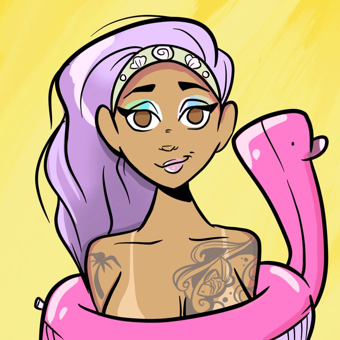 A cartoon-style illustration depicts a woman with lavender hair, a shell-decorated headband, and tattoos, posing inside a pink inflatable flamingo float against a yellow background.