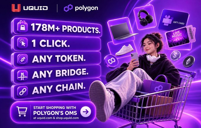 A vibrant purple promotional banner for 'UQUID | polygon' featuring a woman sitting in a shopping cart, with text listing features like '178M+ PRODUCTS', '1 CLICK', 'ANY TOKEN', 'ANY BRIDGE', and 'ANY CHAIN'.
