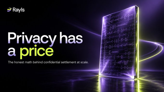 A promotional graphic for Rayls featuring a glowing translucent slab inscribed with complex mathematical equations, accompanied by the bold text "Privacy has a price" and the tagline "The honest math behind confidential settlement at scale." The imagery of cryptographic formulas on a luminous tablet visually reinforces the post's message about the inherent mathematical trade-offs of privacy in blockchain systems.
