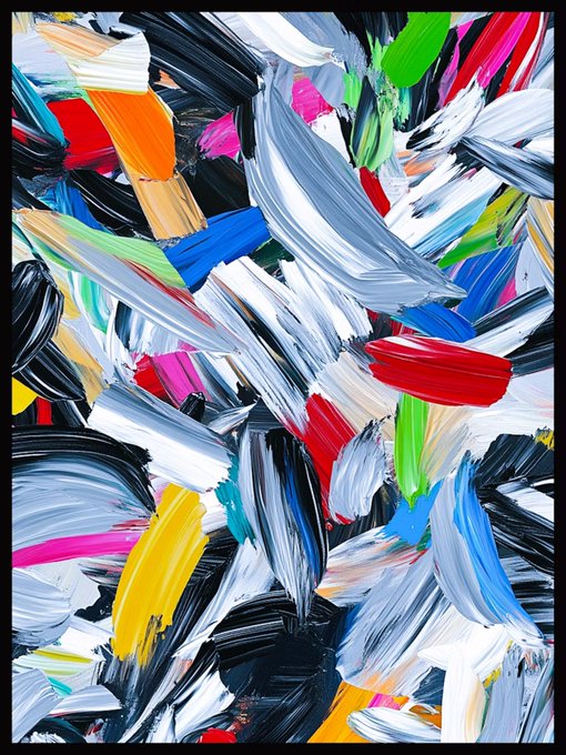 An abstract painting consists of thick, energetic brushstrokes in black, white, blue, red, yellow, and green.