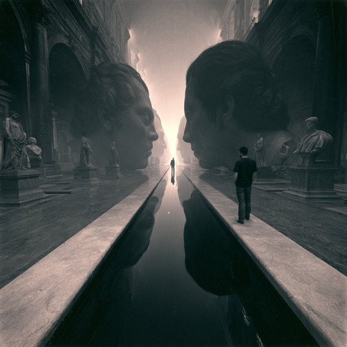 A surreal, monochromatic digital artwork depicting a colossal hall with two giant stone heads facing each other across a reflective water channel, where tiny figures walk and stand among classical statues.
