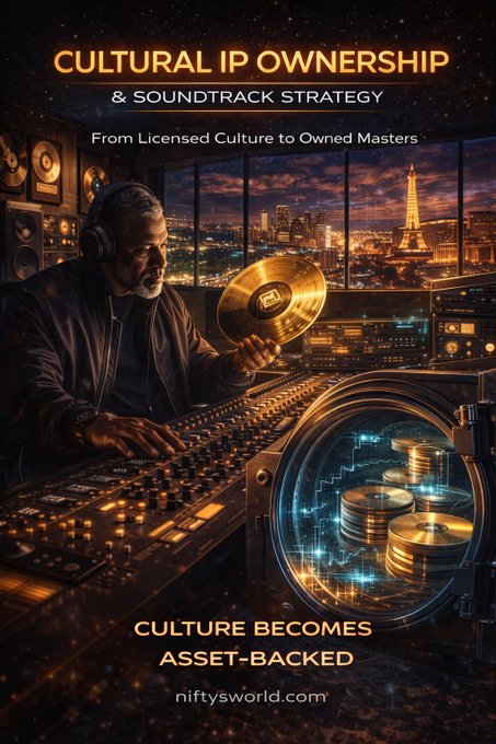 A promotional graphic titled 'CULTURAL IP OWNERSHIP & SOUNDTRACK STRATEGY' showing an older man with headphones holding a gold record in a studio with the Eiffel Tower visible through the window, with text 'CULTURE BECOMES ASSET-BACKED' and 'niftysworld.com'.