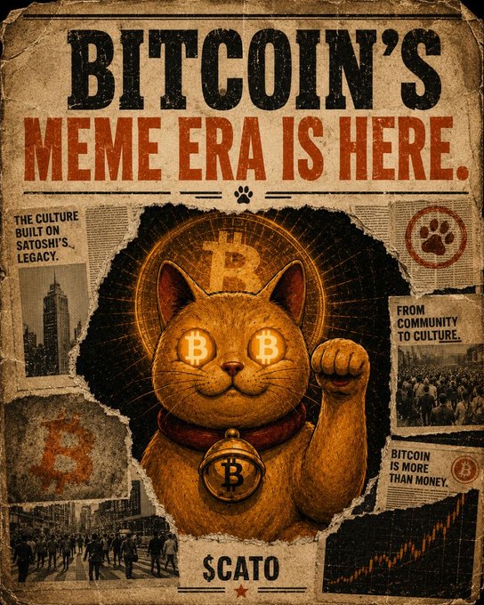 A vintage-style poster titled 'BITCOIN'S MEME ERA IS HERE' featuring a golden cat with Bitcoin symbols in its eyes, captioned '$CATO' with text 'The culture built on Satoshi's legacy' and 'Bitcoin is more than money.'