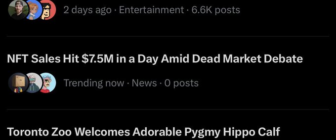A social media feed displays headlines including 'NFT Sales Hit $7.5M in a Day Amid Dead Market Debate' from a News category and 'Toronto Zoo Welcomes Adorable Pygmy Hippo Calf'.