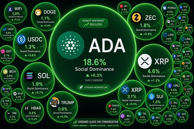 A crypto market sentiment infographic showing ADA (Cardano) leading with 18.6% social dominance and +6.3% 24H change, marked as BULLISH with strong momentum, alongside other tokens like XRP, SOL, DOGE, and TRUMP.