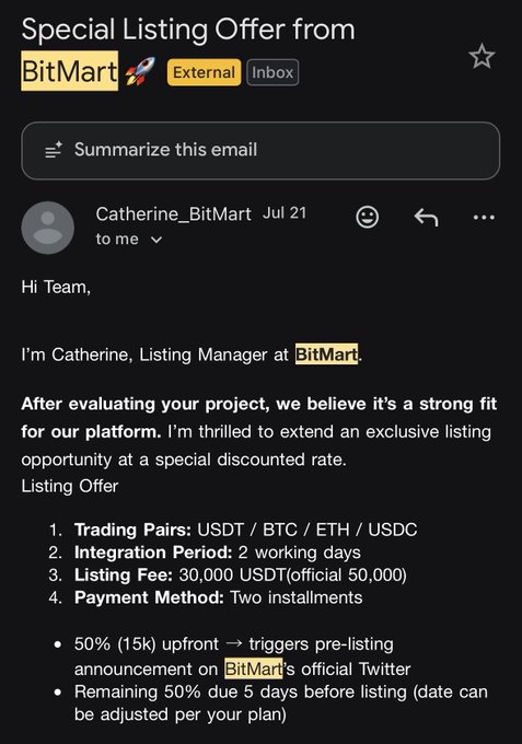 An email from BitMart's Listing Manager Catherine offers an exclusive token listing deal at a discounted 30,000 USDT (down from 50,000), requiring payment in two installments. This image illustrates the post's point about centralized exchanges extracting high fees from projects, reinforcing the call to support DEXs instead.