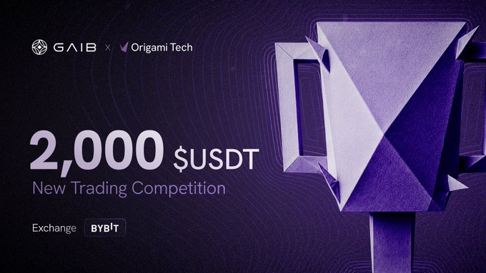 Promotional graphic for a GAIB x Origami Tech trading competition with a 2,000 $USDT prize pool, hosted on the Bybit exchange, featuring a purple 3D trophy.