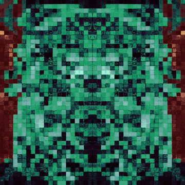 A pixelated, mosaic-style image depicting a bear's face composed of green and black square blocks, framed by reddish-brown borders.