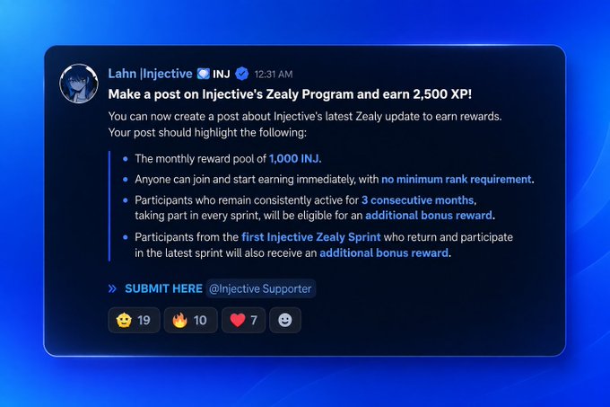 A Twitter/X post by 'Lahn | Injective' (@inj) announces a Zealy Program offering 2,500 XP for posts about the 1,000 INJ monthly reward pool.