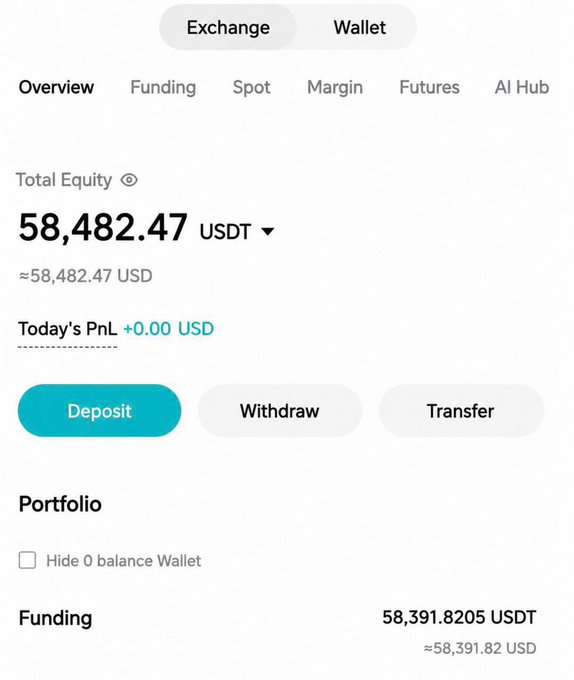 A cryptocurrency exchange wallet overview shows a Total Equity of 58,482.47 USDT (approximately $58,482.47 USD) with Deposit, Withdraw, and Transfer options.