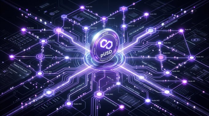 The image features a purple square with the word "pUSD" written inside of it, surrounded by lines that connect to other squares. The background of the image is black, which contrasts with the purple square and makes it stand out. The text "Technological infrastructure" is also present in the image, suggesting that this might be related to a discussion about technology or blockchain.