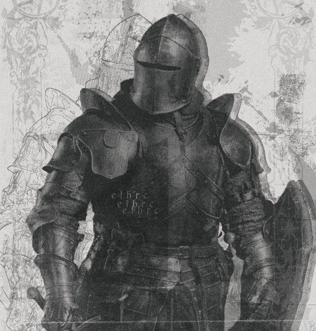 A grayscale digital illustration of a knight in full plate armor with a visored helmet, bearing faint runic markings on the chest plate, set against a sketchy textured background.