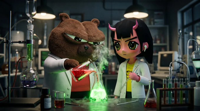 A brown bear in a lab coat and a horned anime-style character in a yellow shirt experiment with a glowing green flask in a dimly lit lab, with the eerie green vapor suggesting the mysterious scientific process alluded to in the "$BOBO" post.