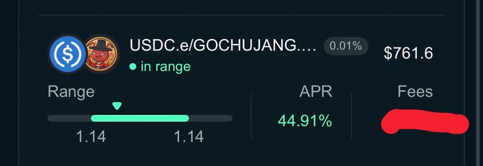 A cryptocurrency pool interface showing the USDC.e/GOCHUJANG liquidity pair with $761.6 in range, a 44.91% APR, and fee tier marked in red.