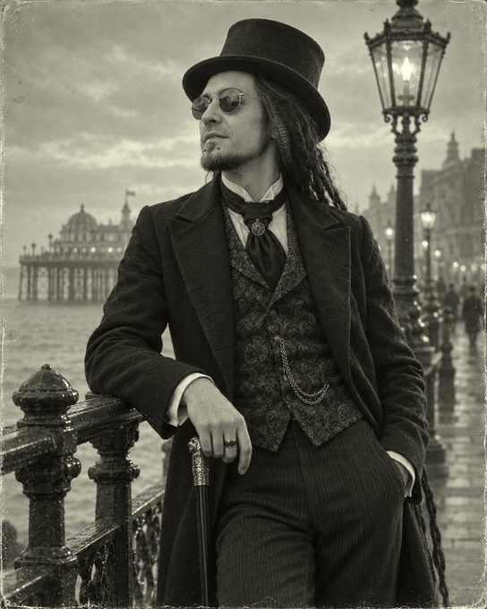 A sepia-toned vintage-style portrait shows a man with a beard and glasses, wearing a top hat, suit, and cravat, leaning on a railing next to a decorative lamppost with a cityscape and water in the background.