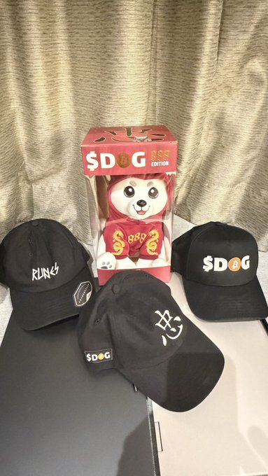 A collection of black baseball caps with various white logos, including '$DOG', placed around a boxed '$DOG' figurine toy dressed in a red robe, all arranged on a table.