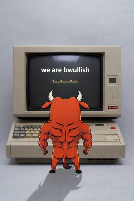 A muscular cartoon bull stands before a vintage computer displaying the text "we are bwullish" alongside a small candlestick chart, visually embodying the bullish "$bwull" launch announcement as a FWOG derivative.