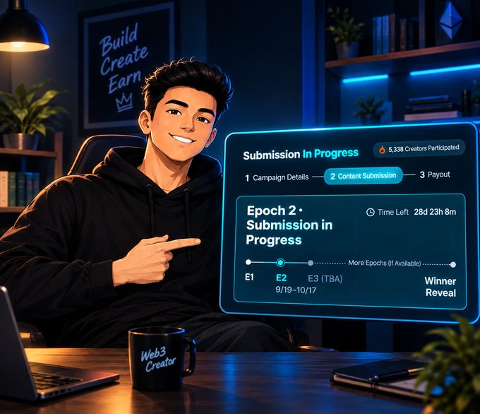 A stylized digital illustration of a smiling young man in a black hoodie pointing at a 'Submission In Progress' panel for 'Epoch 2' showing 5,338 creators participating, with a 'Web3 Creator' coffee mug in the foreground.
