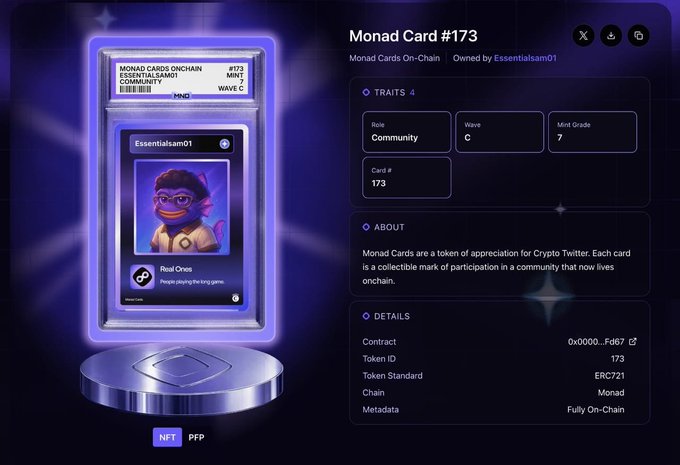 A digital display titled "Monad Card #173" from "Monad Cards On-Chain," showcasing a card with the avatar "Essentialsam01" labeled "Real Ones," featuring traits like Role: Community, Wave: C, and a Mint Grade of 7.