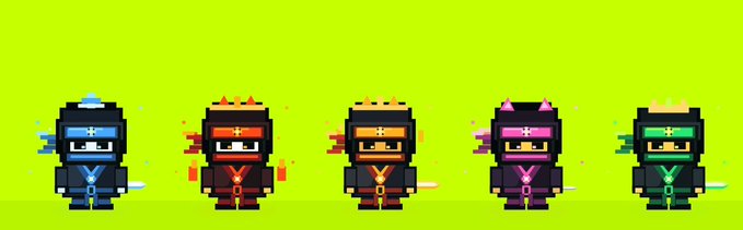 Five pixel-art ninja characters lined up against a bright green background, each wearing a different color (blue, red, black, pink, green) and holding katanas.