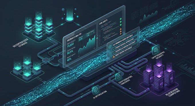 A futuristic digital dashboard displaying cybersecurity and AI analytics with labels including 'DECENTRALIZED DATABASE', 'AI OPTIMIZATION', 'CRYPTOGRAPHIC SECURITY', and 'BLOCKCHAIN COMPUTING'.