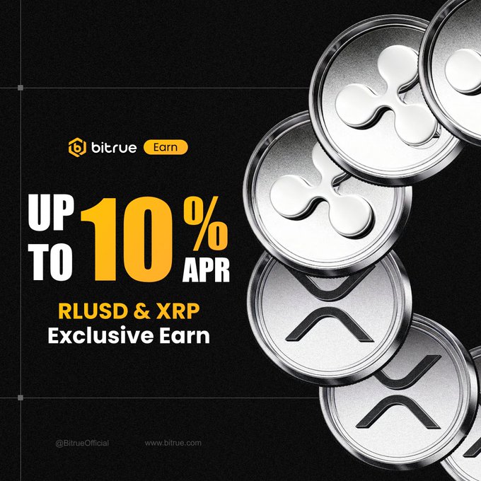 A Bitrue promotional advertisement featuring overlapping silver XRP coins on a black background, advertising "UP TO 10% APR" on RLUSD & XRP through their "Exclusive Earn" program, complementing the post's message encouraging users to move their assets to Bitrue and start earning on their XRP and RLUSD holdings.