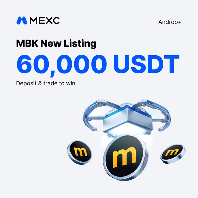 MEXC promotes a new $MBK/USDT listing with an Airdrop+ campaign offering a shared prize pool of 60,000 USDT for users who deposit and trade, featuring a futuristic robotic claw holding gold "MBK" tokens beneath the bold promotional text.